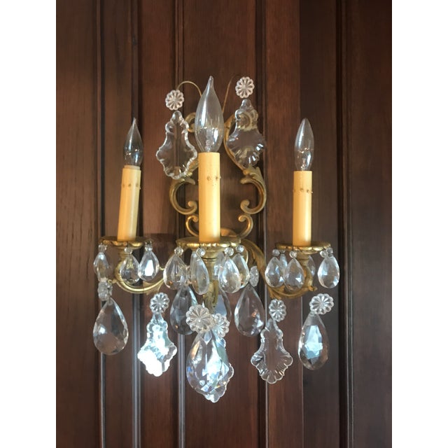 These beautiful 1920's brass and crystal sconces have decorative scrolls with acanthus leaves coming out of a tulip base....