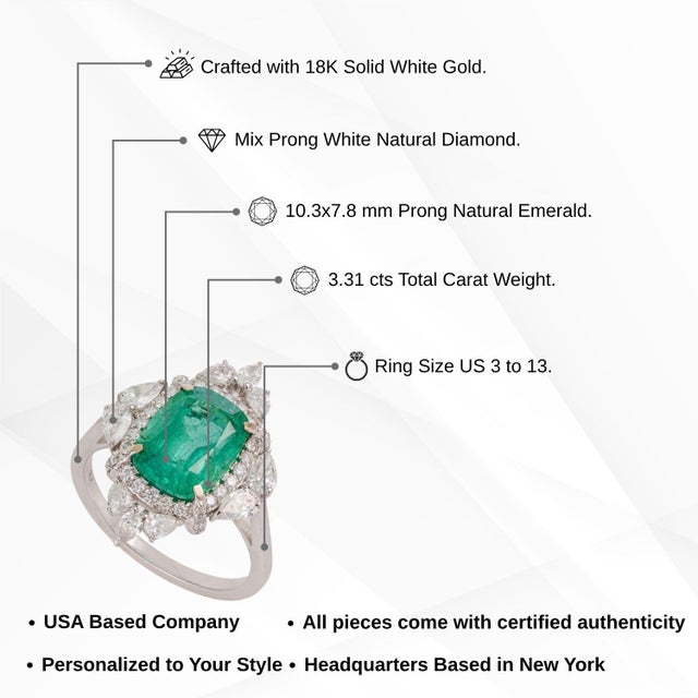 Regal 18k White Gold 3.31ct Zambian Emerald & 1.04ct Diamond Halo Cocktail Ring Size 4 For Sale - Image 12 of 17