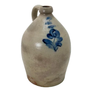 Nice Antique Mid 19th Century American Blue Flower Decorated Stoneware 2 Gallon Jug by Lyons in New York