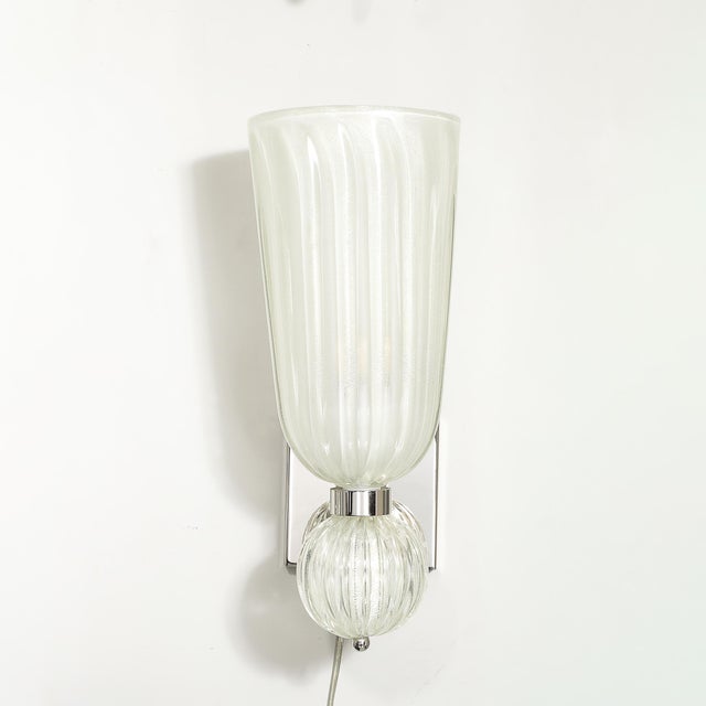 Modernist Hand-Blown Fluted 24k White Gold Fleck Murano Glass & Nickel Sconces For Sale - Image 11 of 13