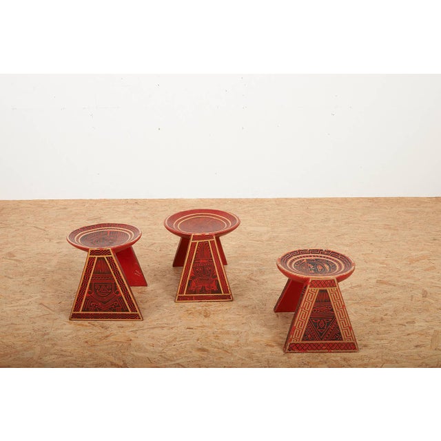 Wooden Stools with Table with South American Motifs, Set of 3 For Sale - Image 6 of 12