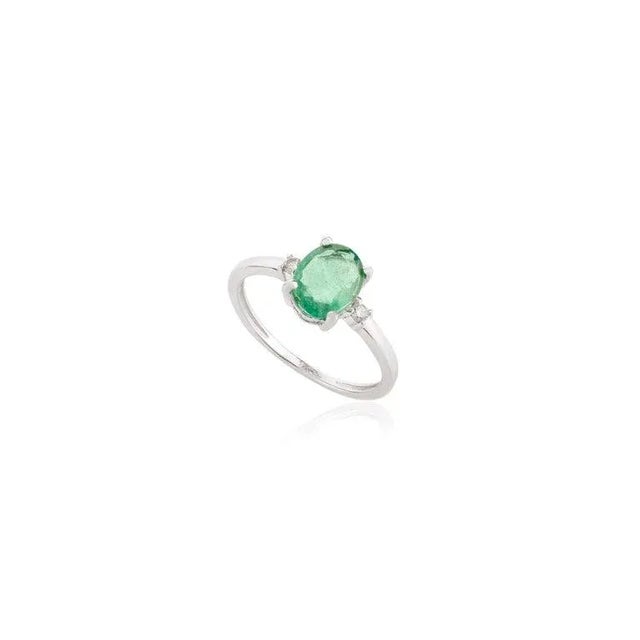 Art Deco Genuine Oval Cut Emerald Solitaire Ring With Diamond in 14k White Gold For Sale - Image 3 of 13