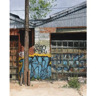Palmer Street by Stephanie Buer | Oil on canvas Urban scene with graffiti and old garages. For Sale