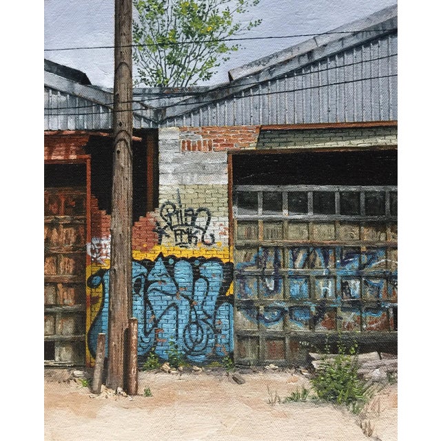 Palmer Street by Stephanie Buer | Oil on canvas Urban scene with graffiti and old garages. For Sale