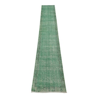 Tabriz Runner 1’11” X 10’9” Green Wool Vintage Overdyed Hand-Knotted Rug For Sale
