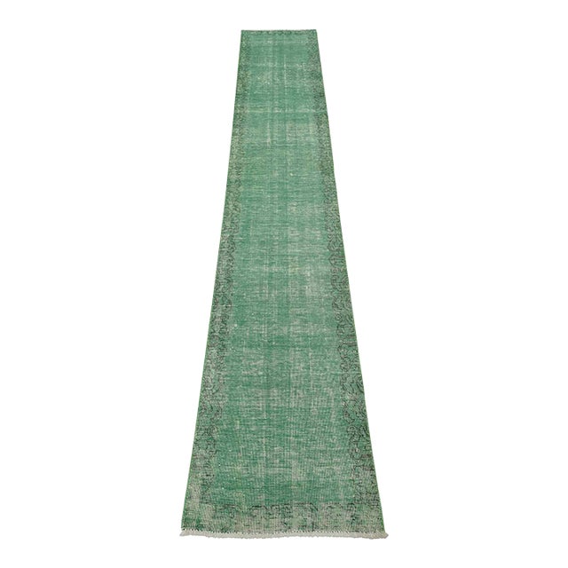 Tabriz Runner 1’11” X 10’9” Green Wool Vintage Overdyed Hand-Knotted Rug For Sale