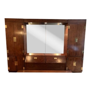 1980s Henredon Scene 1 Bed With Cabinets, Queen Platform and Headboard With Storage and Mirror and Lights For Sale