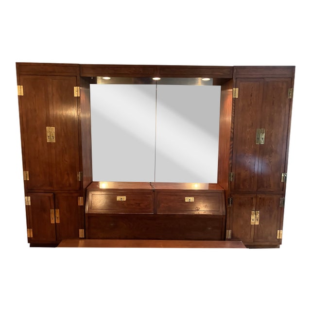 1980s Henredon Scene 1 Bed With Cabinets, Queen Platform and Headboard With Storage and Mirror and Lights For Sale