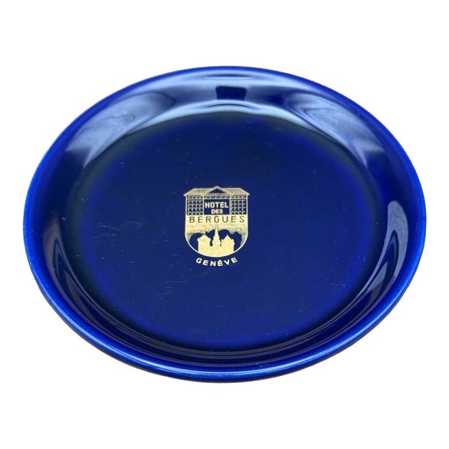 Vintage Hotel Des Bergues Geneva Switzerland Cobalt Blue Catchall Vide Poche For Sale