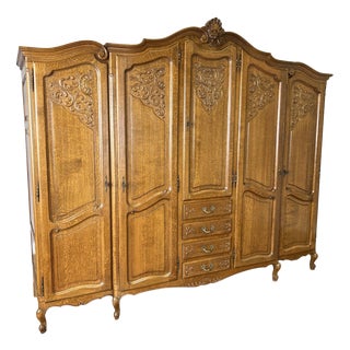 Vintage French Louis XVI Five Door Oak Carved Armoire For Sale