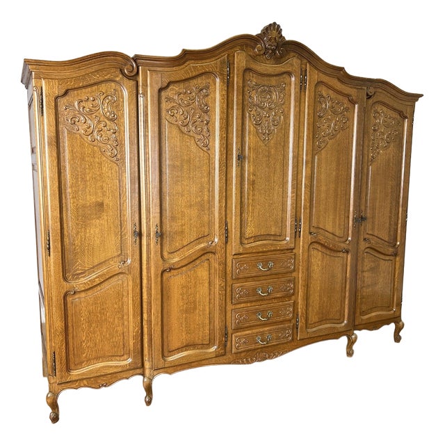 Vintage French Louis XVI Five Door Oak Carved Armoire For Sale