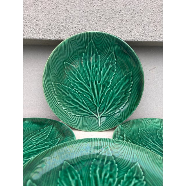 Set of 6 Green Majolica Leaf Plates signed Gien creation Primefleur circa 1950.