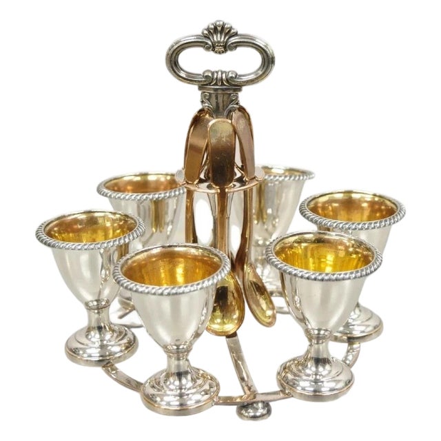 Antique English Victorian Silver Plated Egg Server W/ Spoon Set - Service for 6 For Sale