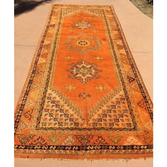 1960s authentic Moroccan vintage orange cor tribal African pile rug.Wonderf work of art, bright oranges geometrical...