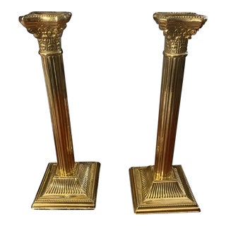 Late 19th Century Large French Neoclassical Bronze Corinthian Columns Pillar Candlestick- a Pair For Sale