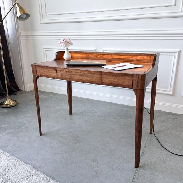 Handcrafted Mid-Century Modern Walnut Writing Desk With Led Lighting, Drawer, and Built-in Cable Management For Sale - Image 16 of 18