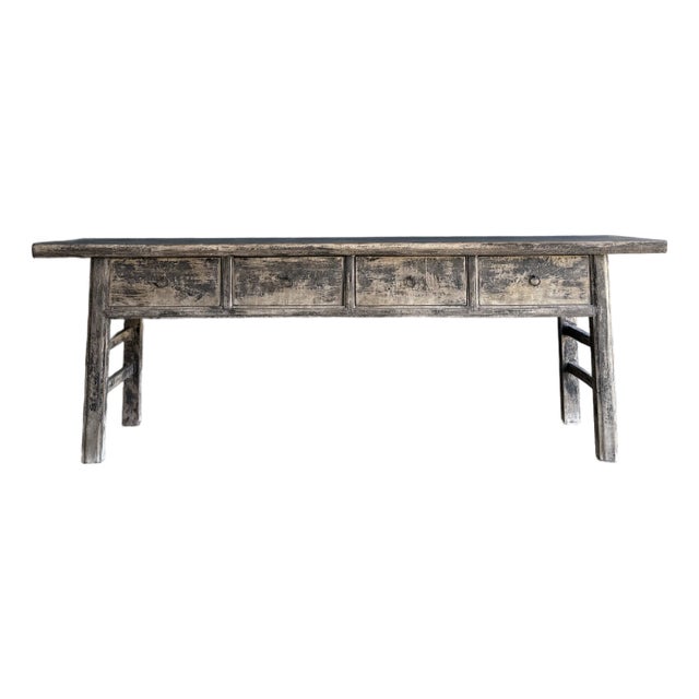 Vintage Elm Wood Console Table With Drawers For Sale