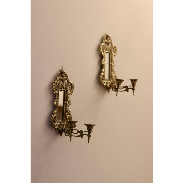Antique Brass Sconces with Mirrors, 1880, Set of 2 For Sale - Image 3 of 9