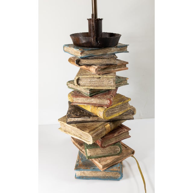 Wood Mid-Century Carved Wood Book Stack Table Lamp For Sale - Image 7 of 10