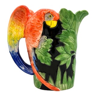 1980s Fitz & Floyd Tropical Parrot Ceramic Pitcher – Maximalist / Tropical Revival For Sale