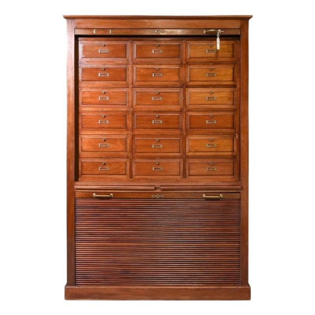 Vintage French Art Deco Oak Notary Cabinet With Tambour Doors For Sale