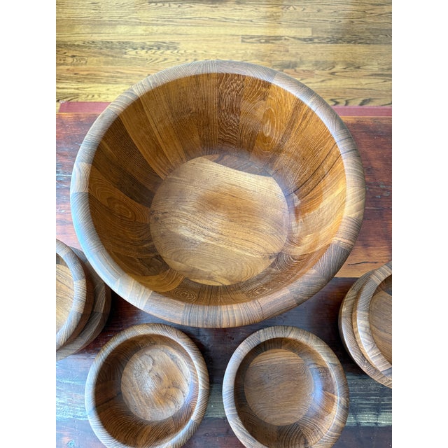 Brown Vintage Dansk Jens Harald Quistgaard Ihq Teak Salad Centerpiece Bowl and Six Serving Bowls - Set of 7 For Sale - Image 8 of 15