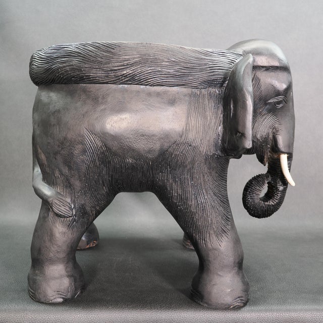 Indian 1970s Carved Solid Wood Black Indian Elephant Footstool With Cushion For Sale - Image 3 of 12