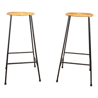 Vintage Mid Century Wicker Iron Bar Stool Pair Set of 2 Arthur Umanoff Raymor Style Retro Atomic 50's 60's For Sale