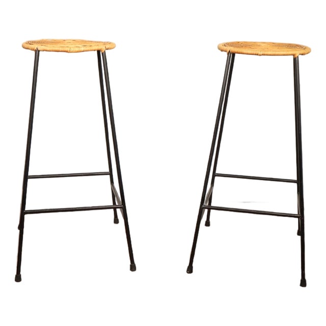 Vintage Mid Century Wicker Iron Bar Stool Pair Set of 2 Arthur Umanoff Raymor Style Retro Atomic 50's 60's For Sale
