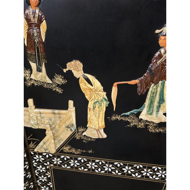 Vintage 20th-Century Chinese Black Lacquer 4-Panel Folding Screen – Carved Soapstone & Mother-of-Pearl Inlay by Tianshui Feitian For Sale In Oklahoma City - Image 6 of 8
