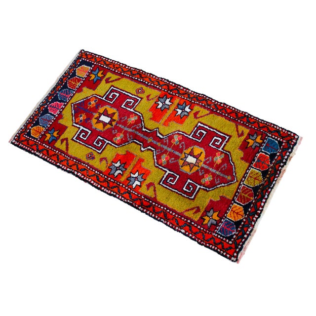 1970s Front of Kitchen Sink Rug, Hand Made Bath Mat Colorful Turkish Rug - 1′12″ × 3′8″ For Sale - Image 5 of 14