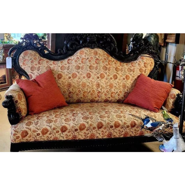 Victorian Carved, Floral, Upholstered, 1800s Antique Parlor Sofa For Sale - Image 9 of 9