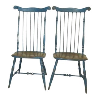 1950s Vintage Windsor Wood Blue Dining Chair High Back Shabby Chic Set of 2 For Sale