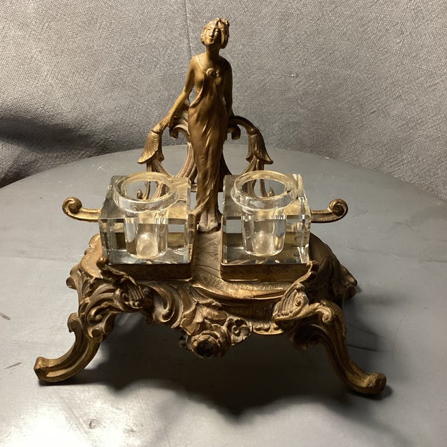 1920s Art Nouveau Double Ink Well Stand With 2 Glass Inserts | Chairish
