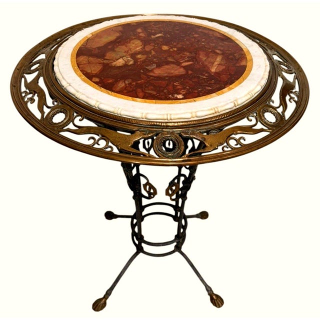 Traditional Antique Wrought Iron Brass Greyhound Gueridon Table Inlaid Marble Top 22" For Sale - Image 3 of 14