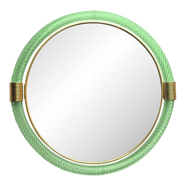 Venetian Round Green-Wather ”Torgiglione-Torchon” Murano Glass Wall Mirror For Sale