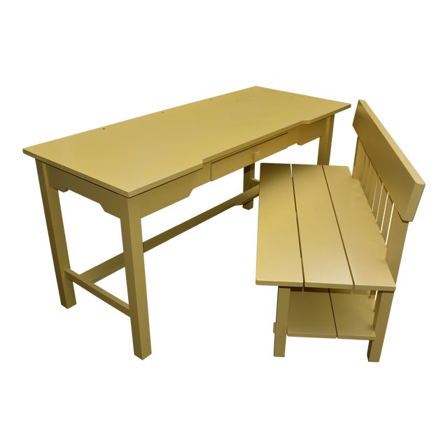 1990s Maine Cottage Yellow Writing Desk With Slide Out Surface / Drawer & Deep Slatted Bench Set of 2 For Sale