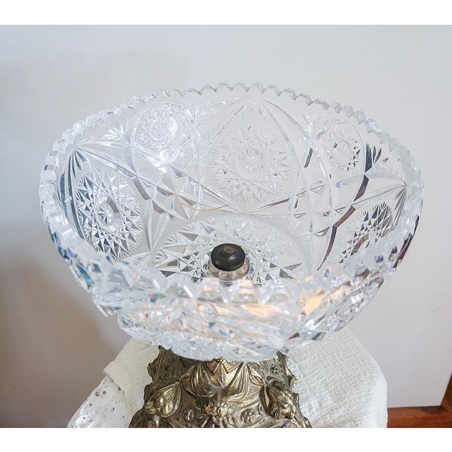 Victorian Vintage Cut Crystal Compote on Ornate Gilt Pedestal | Hollywood Regency Centerpiece | Rococo Crystal Fruit Bowl For Sale - Image 3 of 8