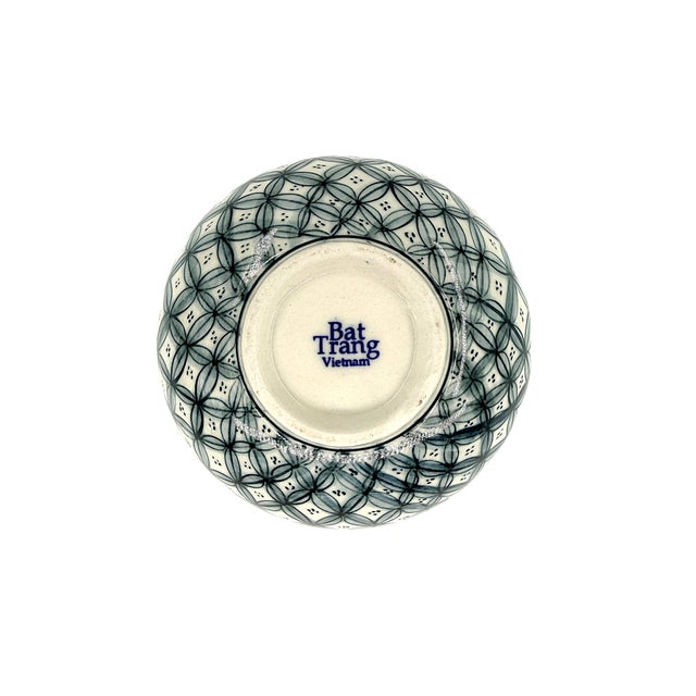 Set of 6 Bat Trang Vietnamese Ceramic Bowls Hand Painted in Blue Floral & Geometric Patterns For Sale - Image 12 of 18