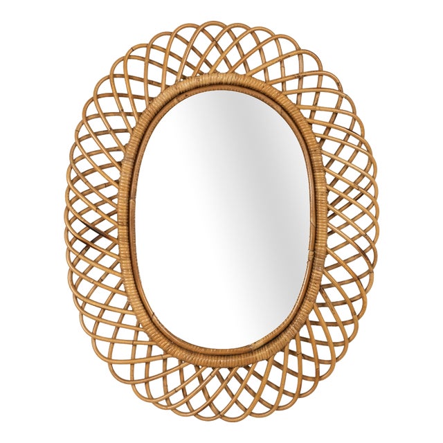 Mid-Century Modern Rattan and Bamboo Oval Wall Mirror by Franco Albini, Italy, 1960s For Sale