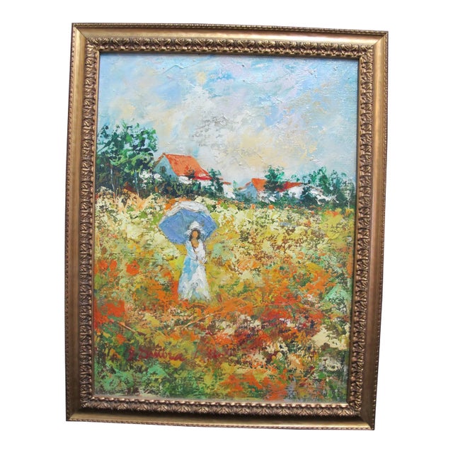 David Smira Framed Impressionist Woman W/Umbrella in Flower Field Oil Painting For Sale