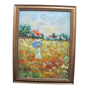 David Smira Framed Impressionist Woman W/Umbrella in Flower Field Oil Painting