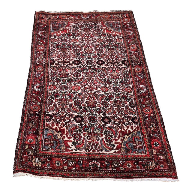 Vintage Persian Malayer Rug, Handwoven All-Over Herati Pattern, Ivory & Red, 3’ X 5’ For Sale