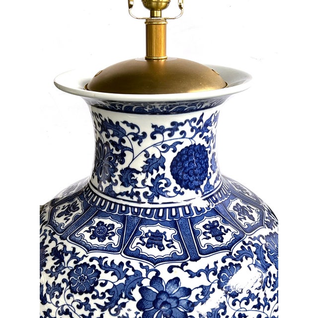 Chinese Massive Pair of Chinese Blue & White Urn-Form Lamps For Sale - Image 3 of 8