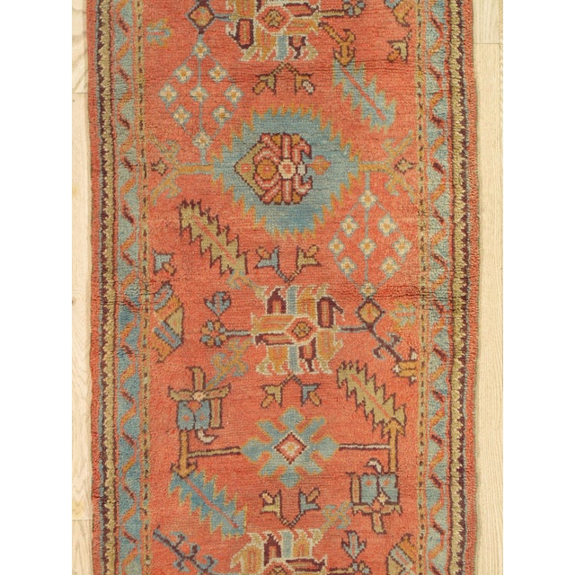 Late 19th Century Antique Turkish Oushak Runner, Coral, Light Blue Handwoven Rug For Sale - Image 4 of 15