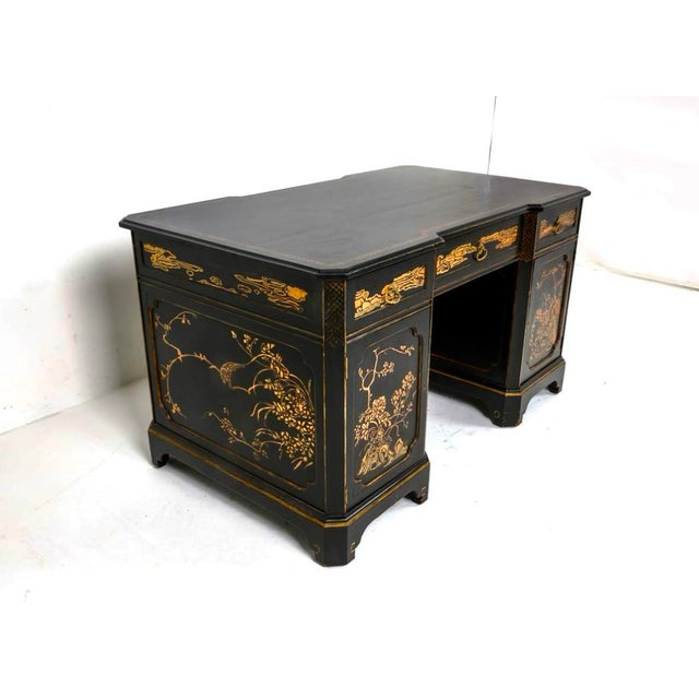 Chinoiserie Chinoiserie Hand Painted Black Lacquer Partners Desk For Sale - Image 3 of 12