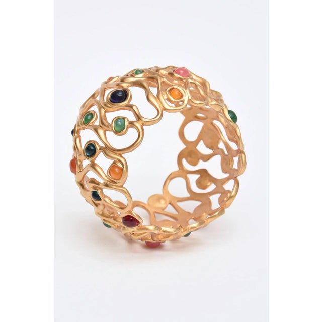 Vintage Gold Plated Cuff Bracelet With Jewel Tone Glass Stones 80's For Sale - Image 4 of 7