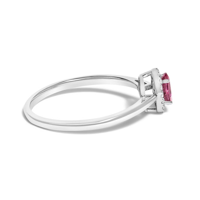 Contemporary 10K White Gold 5X3MM Oval Pink Tourmaline and Diamond Accent Halo Ring (I-J Color, I1-I2 Clarity) - Ring Size 8 For Sale - Image 3 of 7