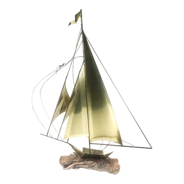 Vintage Brass Wood & Copper Artisan Sailboat Sculpture For Sale