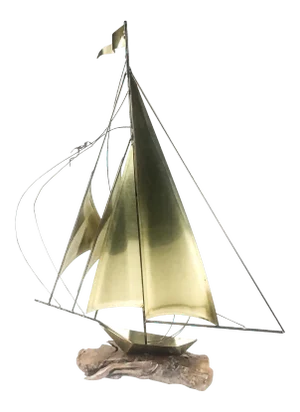Vintage Brass Wood & Copper Artisan Sailboat Sculpture